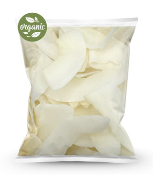 Bag of organic raw coconut chips with a visible organic icon on a white background