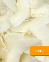 Close-up of Camel Nuts Organic Raw Coconut Chips with a 1KG label