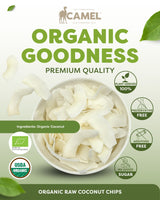 Camel Nuts Organic Raw Coconut Chips, premium quality with certificate logos and healthy icons