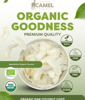 Camel Nuts Organic Raw Coconut Chips, premium quality with certificate logos and healthy icons