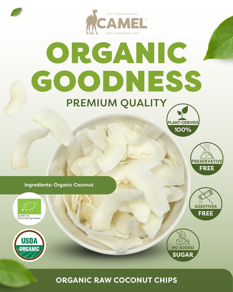 Camel Nuts Organic Raw Coconut Chips, premium quality with certificate logos and healthy icons