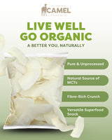 Camel Nuts organic raw coconut chips with benefits such as pure and unprocessed, natural source of MCTs