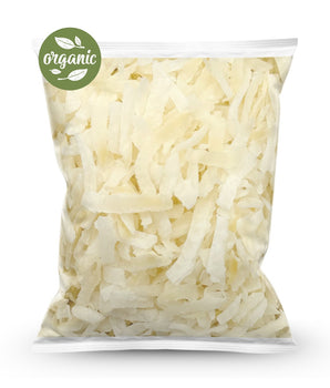 Bag of Camel Nuts organic raw coconut flakes on a white background