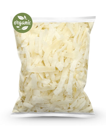 Bag of Camel Nuts organic raw coconut flakes on a white background
