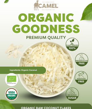 Camel Nuts Organic Raw Coconut Flakes premium quality with certificate logos and plant-derived 100%, preservatives free, additives free and no added sugar icons