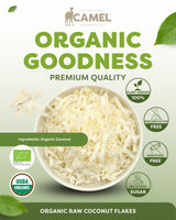 Camel Nuts Organic Raw Coconut Flakes premium quality with certificate logos and plant-derived 100%, preservatives free, additives free and no added sugar icons