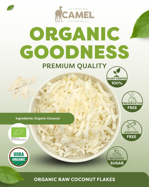 Camel Nuts Organic Raw Coconut Flakes premium quality with certificate logos and plant-derived 100%, preservatives free, additives free and no added sugar icons