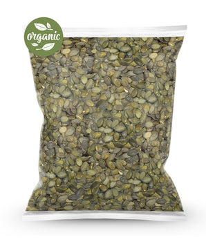 1kg Bag of organic raw styrian pumpkin seeds with an 'organic' label on a white background