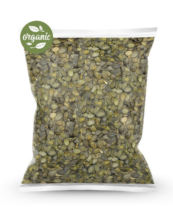 1kg Bag of organic raw styrian pumpkin seeds with an 'organic' label on a white background