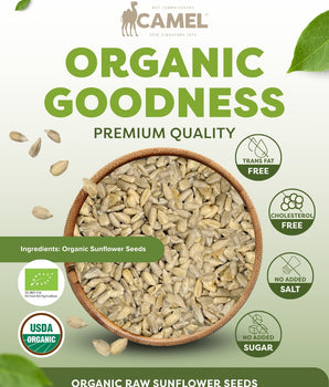 Camel Nuts Organic Raw Sunflower Seeds healthy benefits such as Trans fat free, cholesterol free, no added salt, no added sugar