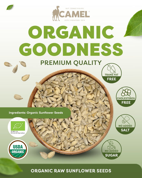 Camel Nuts Organic Raw Sunflower Seeds healthy benefits such as Trans fat free, cholesterol free, no added salt, no added sugar