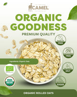 Camel Nuts Organic Rolled Oats, premium quality, certificate logos and healthy icons.