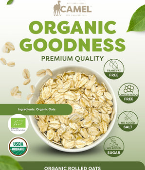 Camel Nuts Organic Rolled Oats, premium quality, certificate logos and healthy icons.