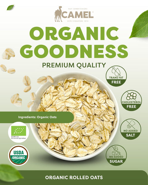 Camel Nuts Organic Rolled Oats, premium quality, certificate logos and healthy icons.