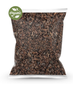 1kg Bag of organic sweet cacao nibs with an organic label on a white background