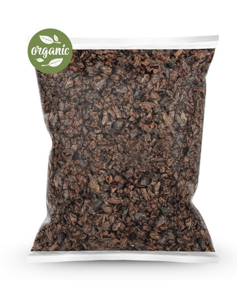 1kg Bag of organic sweet cacao nibs with an organic label on a white background