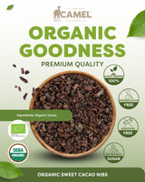 Camel Nuts Organic Sweet Cacao Nibs premium quality. Benefits such as plant-derived 100%, preservative free.