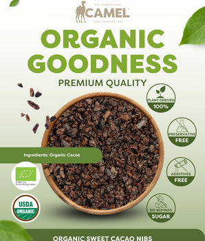 Camel Nuts Organic Sweet Cacao Nibs premium quality. Benefits such as plant-derived 100%, preservative free.