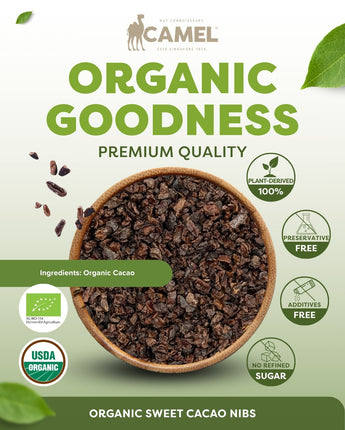 Camel Nuts Organic Sweet Cacao Nibs premium quality. Benefits such as plant-derived 100%, preservative free.