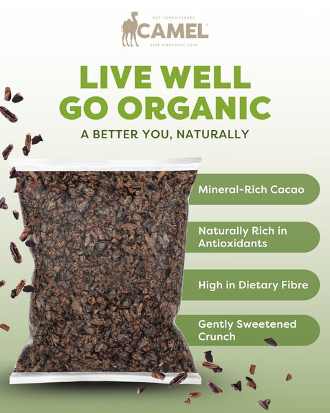 Camel Nuts organic sweet cacao nibs health benefits. Live well, go organic