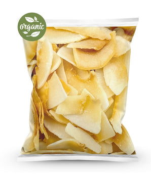 Camel Nuts organic toasted coconut chips with Organic label on a white background