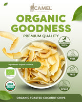 Camel Nuts Organic Toasted Coconut Chips, premium quality, with certificates logo and healthy icons