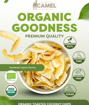 Camel Nuts Organic Toasted Coconut Chips, premium quality, with certificates logo and healthy icons