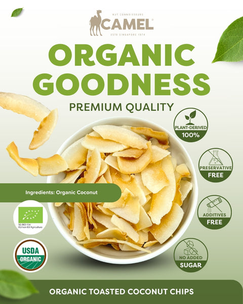 Camel Nuts Organic Toasted Coconut Chips, premium quality, with certificates logo and healthy icons