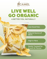 Camel Nuts Organic Toasted Coconut Chips with health benefits such as just good fats, high in fibre