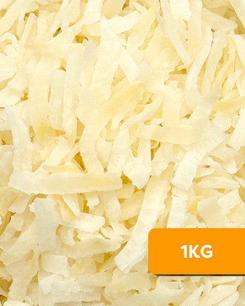 Close up of organic toasted coconut flakes with a label indicating 1KG