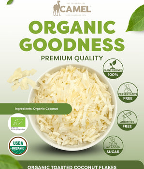 Camel Nuts Organic Toasted Coconut Flakes, certificate logos and no added sugar, preservative free icons