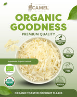 Camel Nuts Organic Toasted Coconut Flakes, certificate logos and no added sugar, preservative free icons