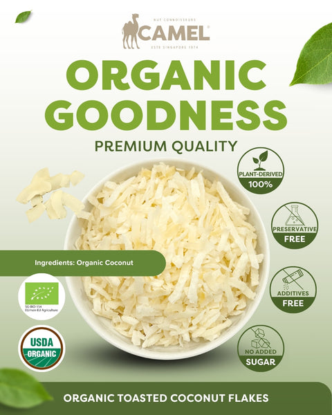Camel Nuts Organic Toasted Coconut Flakes, certificate logos and no added sugar, preservative free icons