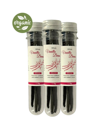 Three sets of organic whole vanilla beans with a visible 'organic' label on a white background.