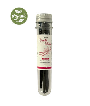 Camel Nuts Organic whole vanilla beans packed in a tube case with an organic label on a white background