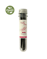 Camel Nuts Organic whole vanilla beans packed in a tube case with an organic label on a white background