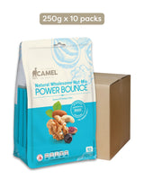 Camel Nuts Power Bounce natural wholesome nut mix carton deal of 10 x 250g packaging with a carton box on a white background