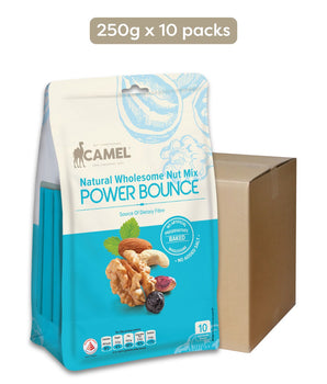 Camel Nuts Power Bounce natural wholesome nut mix carton deal of 10 x 250g packaging with a carton box on a white background
