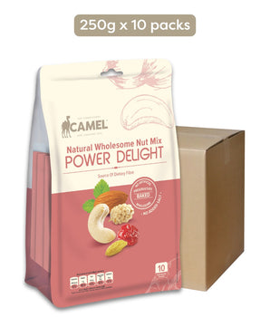 1 carton containing 10 packets of Camel Nuts Power Delight 250g Packs with a carton box on a white background