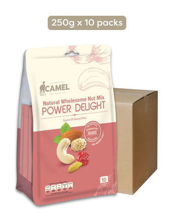 1 carton containing 10 packets of Camel Nuts Power Delight 250g Packs with a carton box on a white background