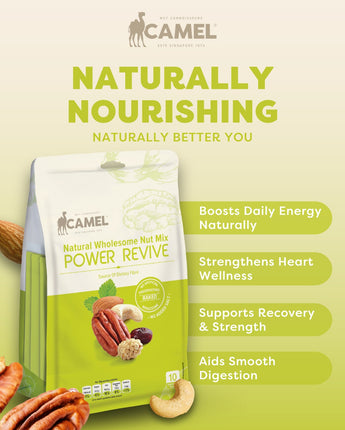 Camel Power Revive nut mix packaging with product details on a light green background
