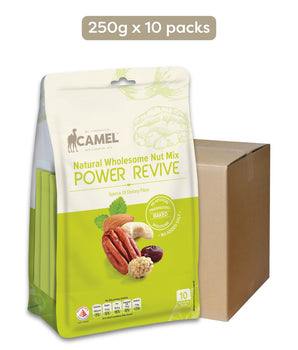 Camel Natural Wholesome Nut Mix Power Revive package for 10 packs of 250g with a carton box on a white background
