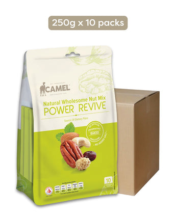 Camel Natural Wholesome Nut Mix Power Revive package for 10 packs of 250g with a carton box on a white background