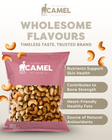 Camel Nuts bestseller Roasted Cashew nut in 1kg packaging with product benefits text on a light background
