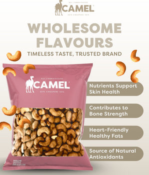 Camel Nuts bestseller Roasted Cashew nut in 1kg packaging with product benefits text on a light background