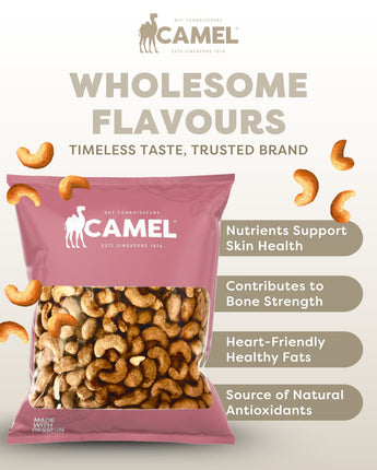 Camel Nuts bestseller Roasted Cashew nut in 1kg packaging with product benefits text on a light background