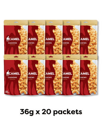 20 mini packs of 36g of Camel Nuts Roasted Cashews
