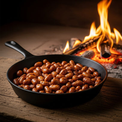 Camel Nuts Singapore roasted nuts by fire – Pan of roasted nuts in front of open flame.