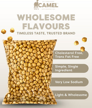 1kg Bag of chickpeas with Camel brand logo and health benefits text on a white background