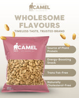 Camel brand packaging of roasted peanuts with product features listed on a white background